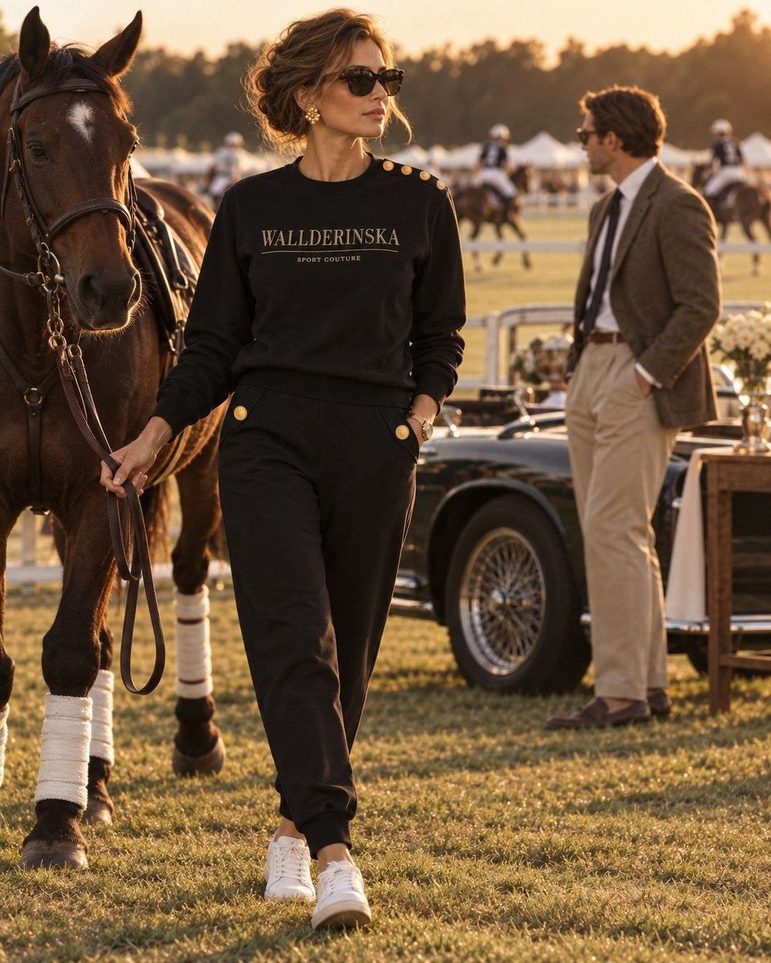 L'ensemble Edge Gold Button en noir, avec des boutons dorés à l'épaule, auprès d'un cheval.