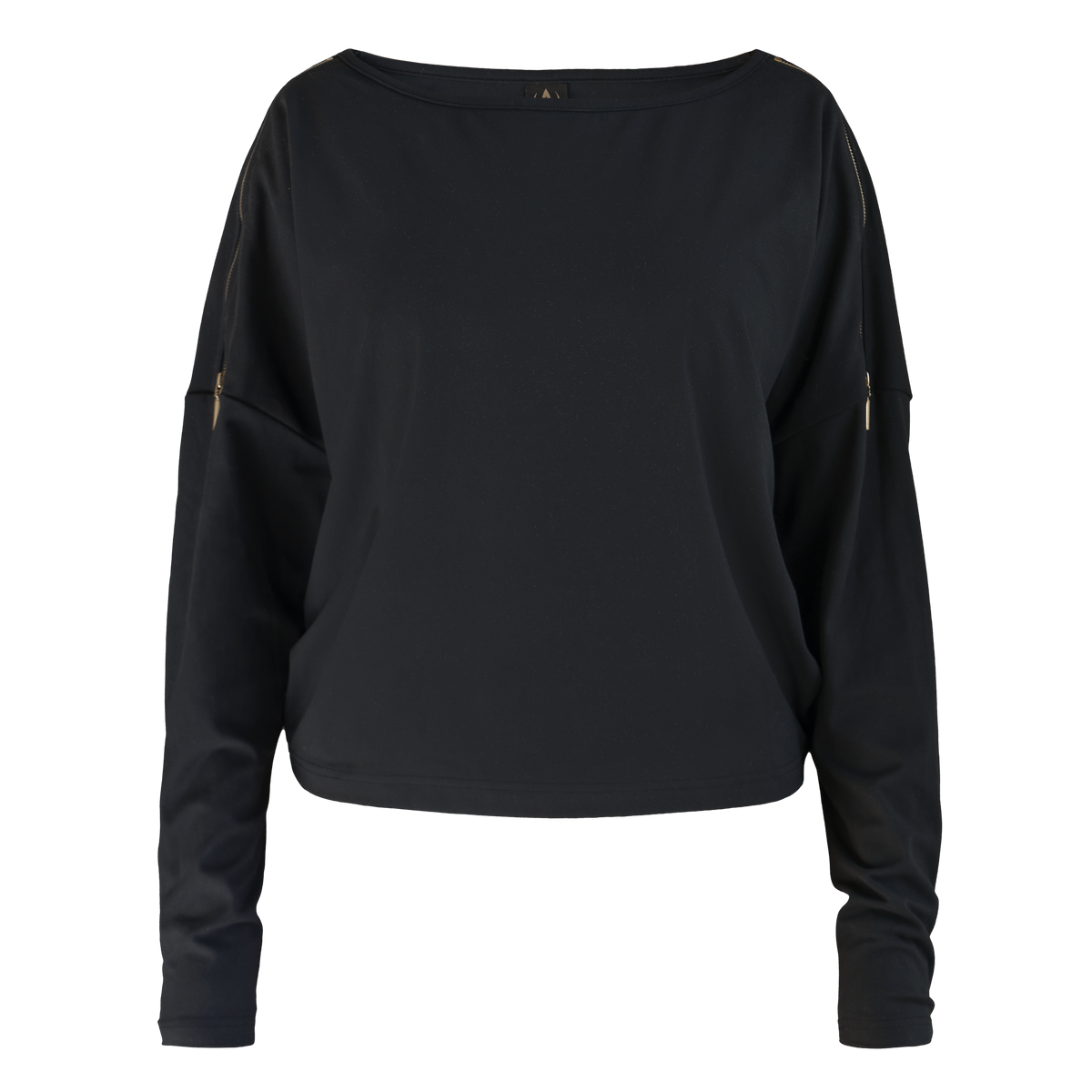 Edge Casual Zip Sweater frilagd framifrån. Svart med vid halsringning, släppta axlar och lång ärm.