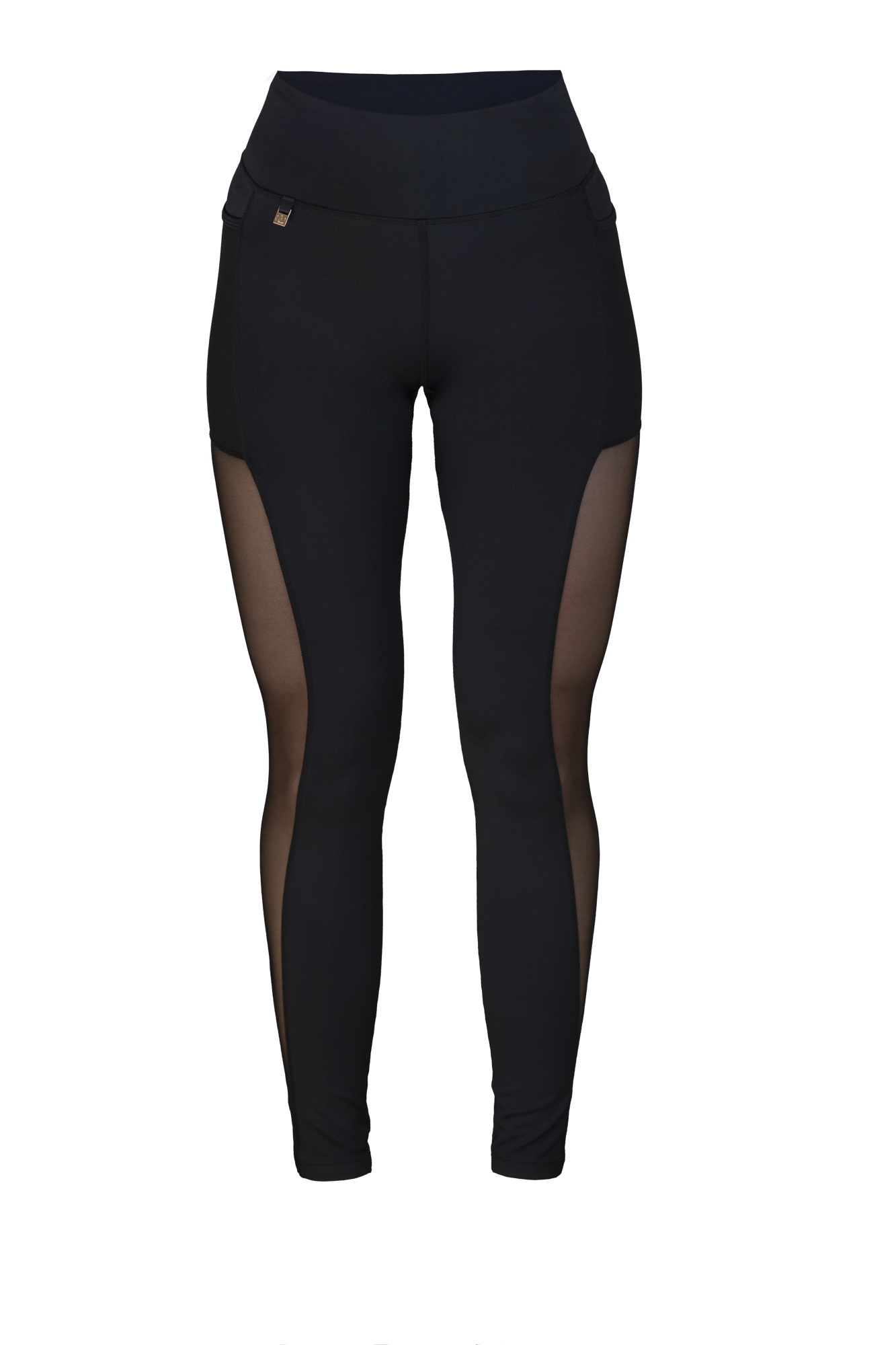 Edge Mesh Träningstights Med Fickor frilagda framifrån. Svarta med meshpanel längs sidan, ficka på benet och hög midja.