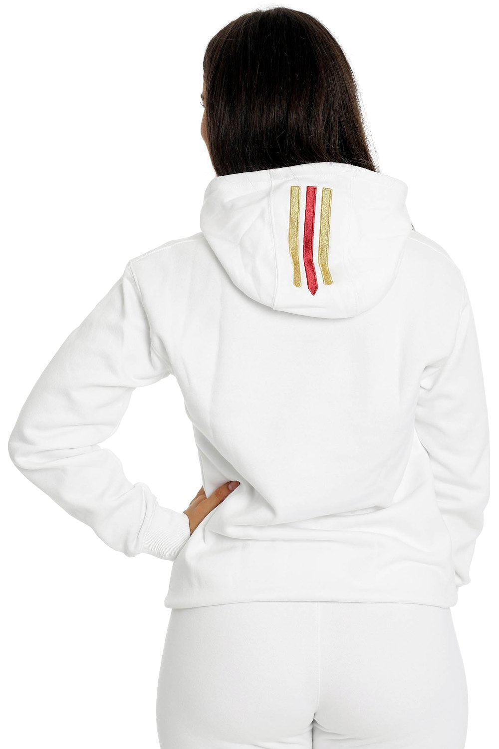 Dos du hoodie blanc avec deux rayures dorées et une rouge le long de la capuche.
