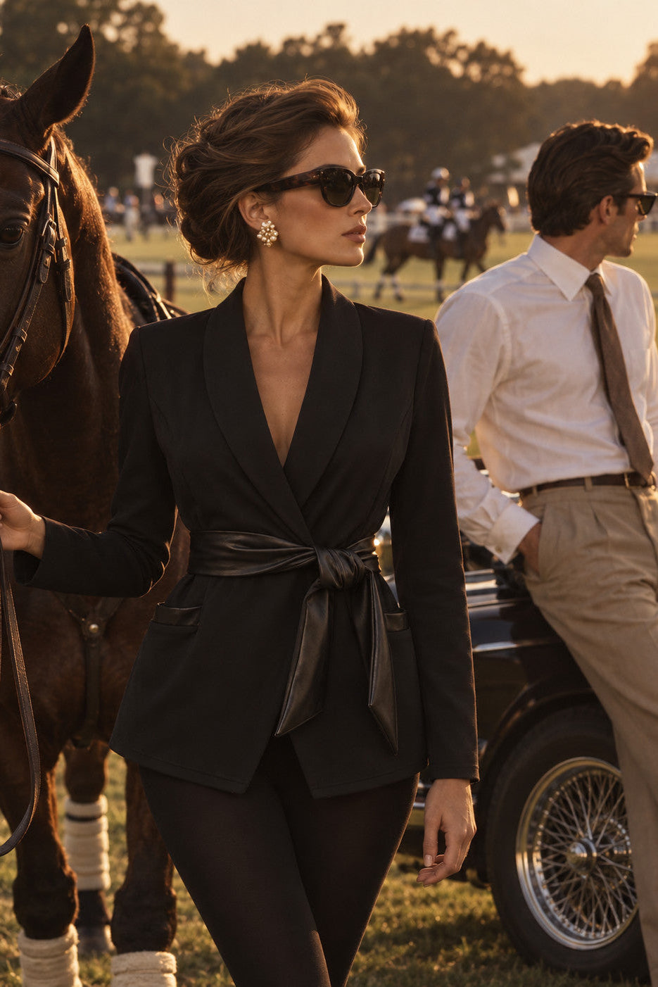 Edge Blazer en noir avec ceinture à nouer à la taille, près des écuries un après-midi
