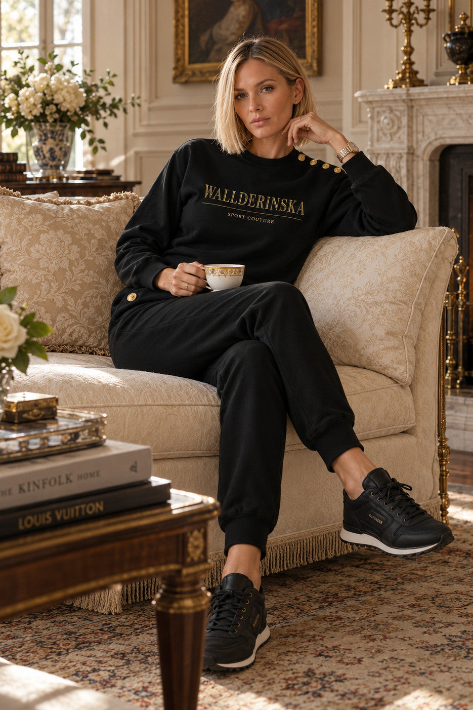 Edge Gold Button Sweater noir avec pantalon assorti, sur un canapé dans un salon.