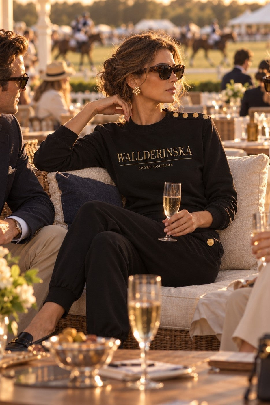 L'ensemble Edge Gold Button en noir lors d'un match de polo au soleil du soir, avec une coupe de champagne.