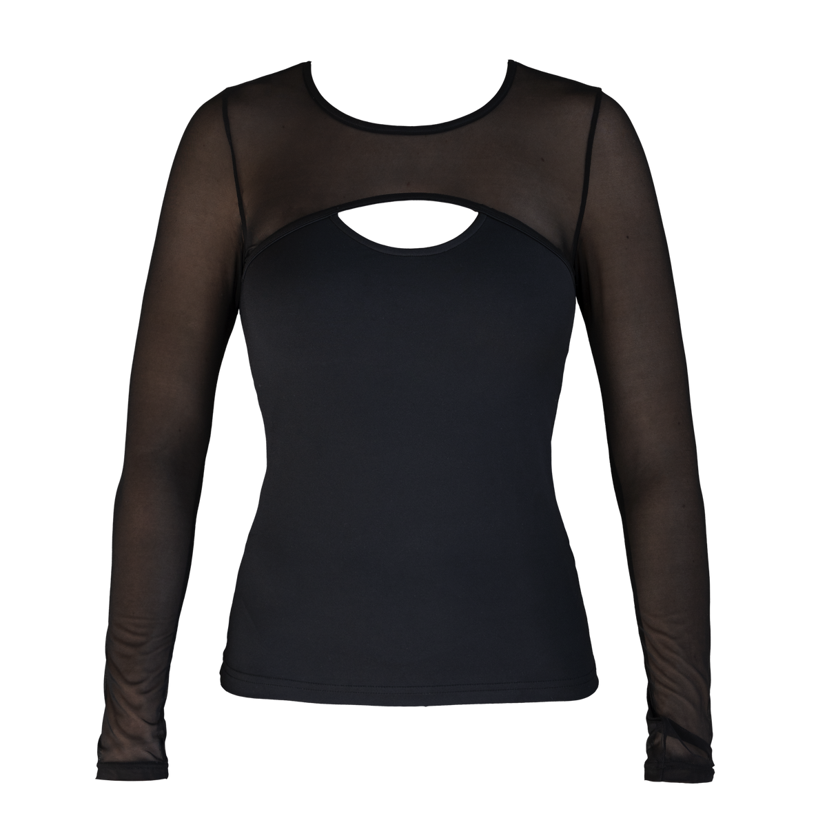 Edge Långärmad Mesh Tröja frilagd framifrån. Svart med mesh över axlarna och ärmarna och en öppning vid nyckelbenet.