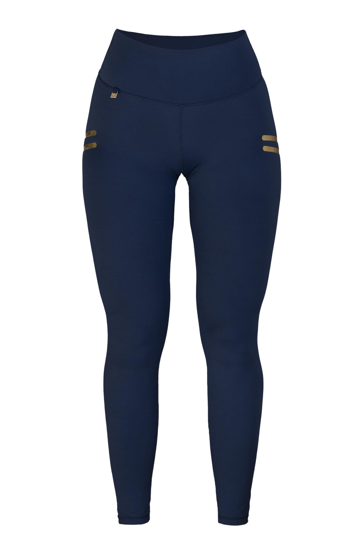 Edge Stripe Träningstights Navy frilagda framifrån. Hög midja och två korta guldstreck på höften.