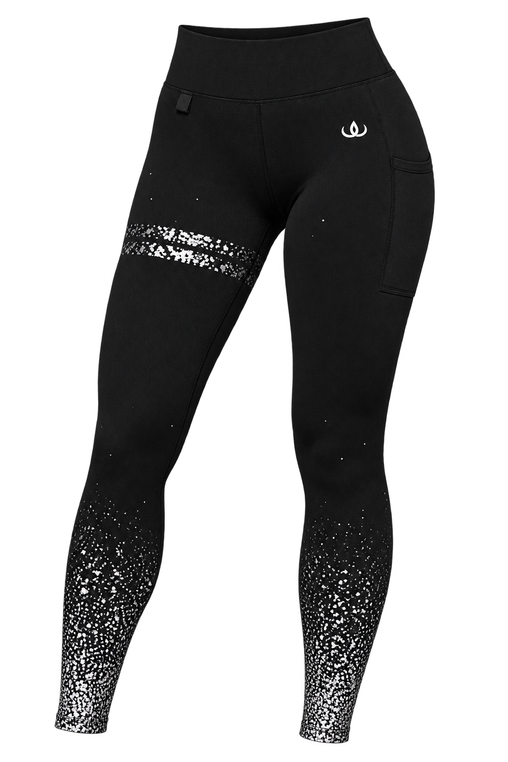 Iconic Silver-Tights Med Ficka frilagda framifrån. Svarta med metallicprint i silver från vristen upp på låret, hög midja och guldlogga.