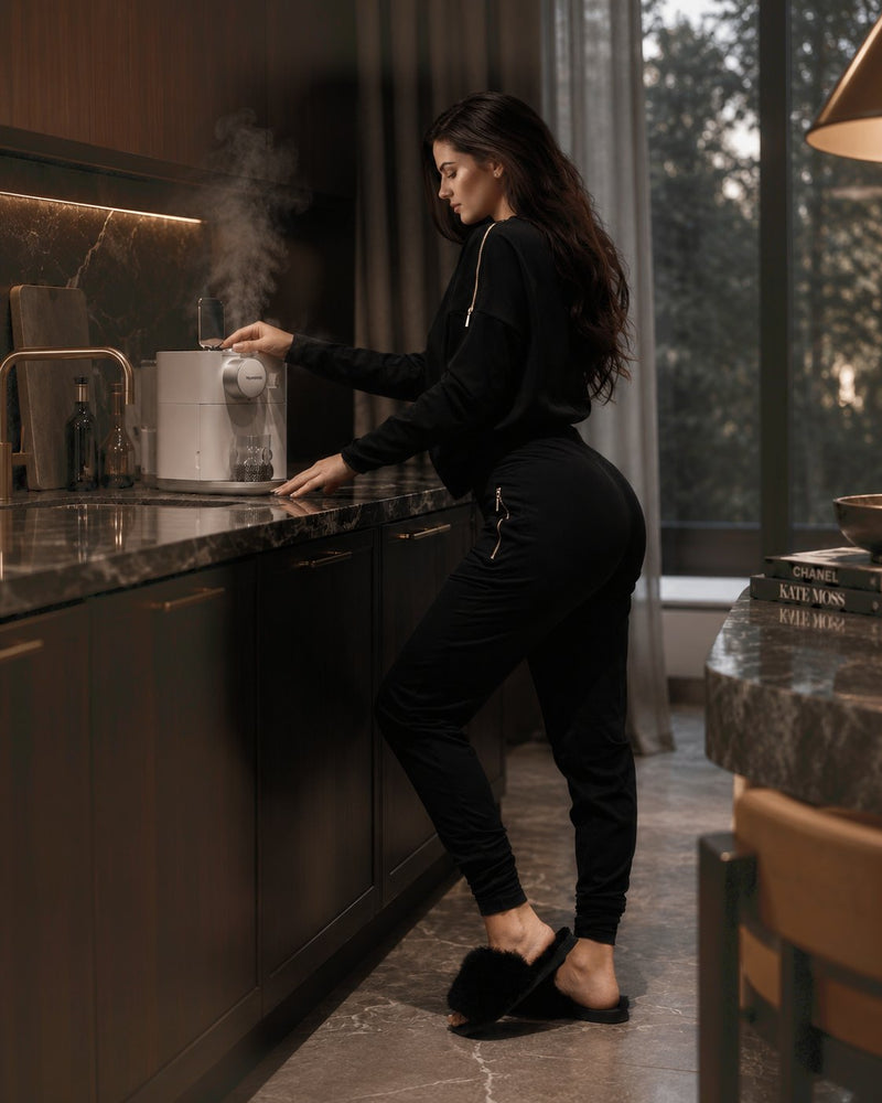 Femme en Edge Casual Zip Sweater et Zip Pants prépare un café à la machine à café dans la cuisine.