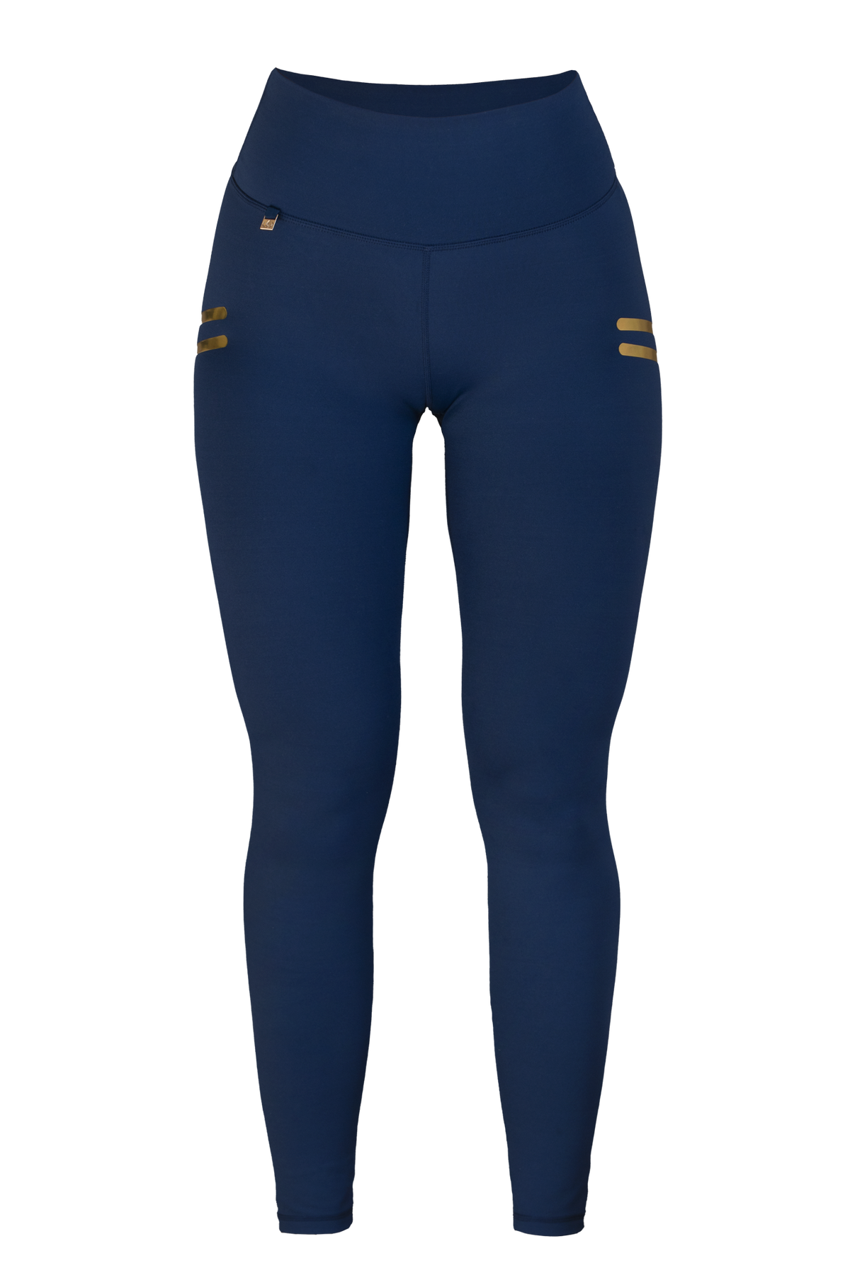 Edge Stripe Legging Navy détouré de face. Taille haute et deux courtes rayures dorées sur la hanche.